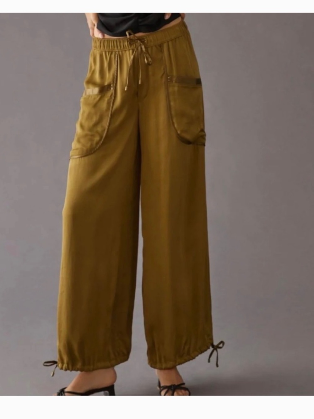 NWT Anthropologie Olive Green Satin Balloon Pull On Cargo Pants